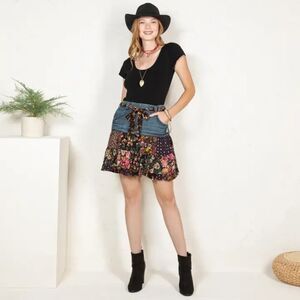 Young Threads Denim & Floral Patchwork Mini Skirt with Pockets